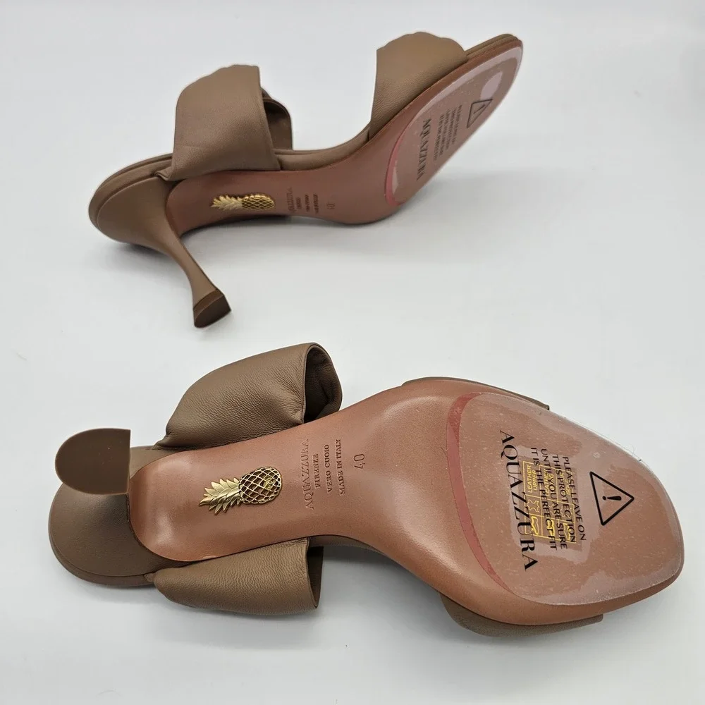 Aquazzura Twist Sandal 75 Women Size 40 US 10 New Nude Leather Kitten Heel Mules